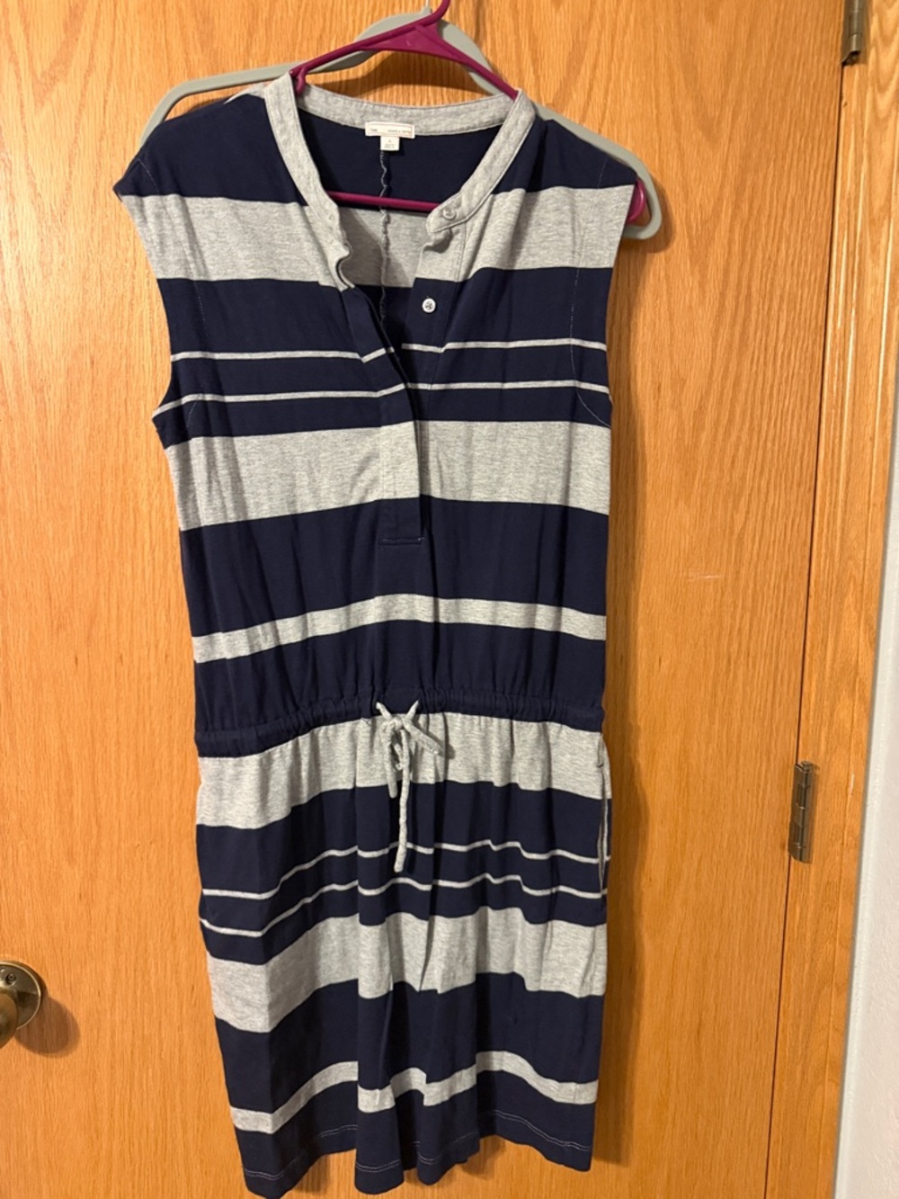 GAP Navy and Gray Striped Sleeveless Drawstring One-Piece with pockets